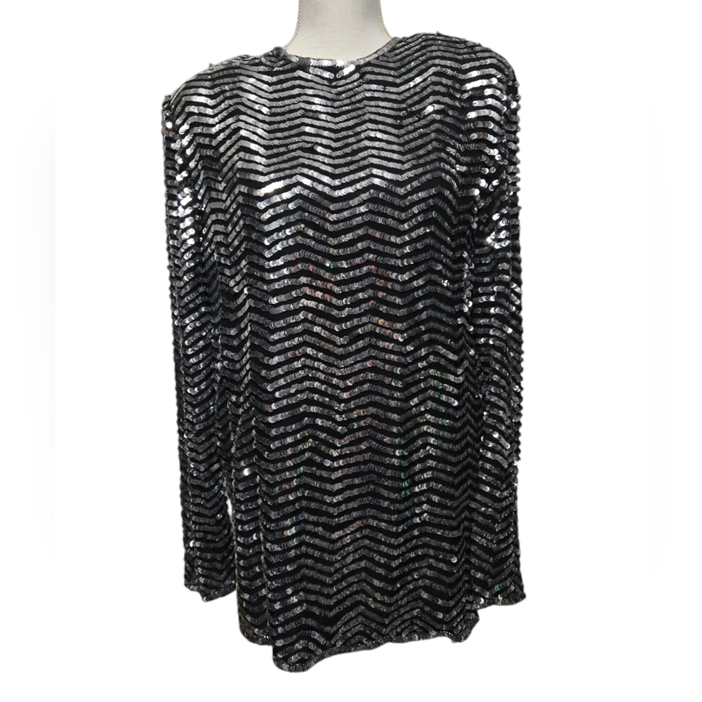 Vintage Y2K Valerie Stevens Evening sequin sparkle silver tunic top blouse